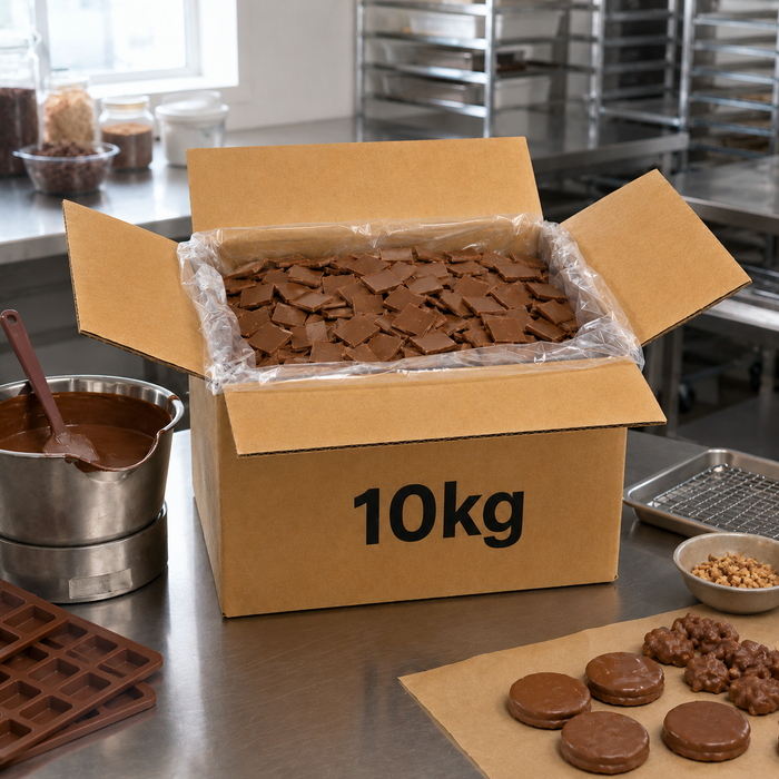 A large open cardboard box labeled '10kg' filled with chopped chocolate pieces, set on a stainless steel countertop in a kitchen or bakery environment. Melted chocolate, molds, and finished chocolate pieces are visible around it.