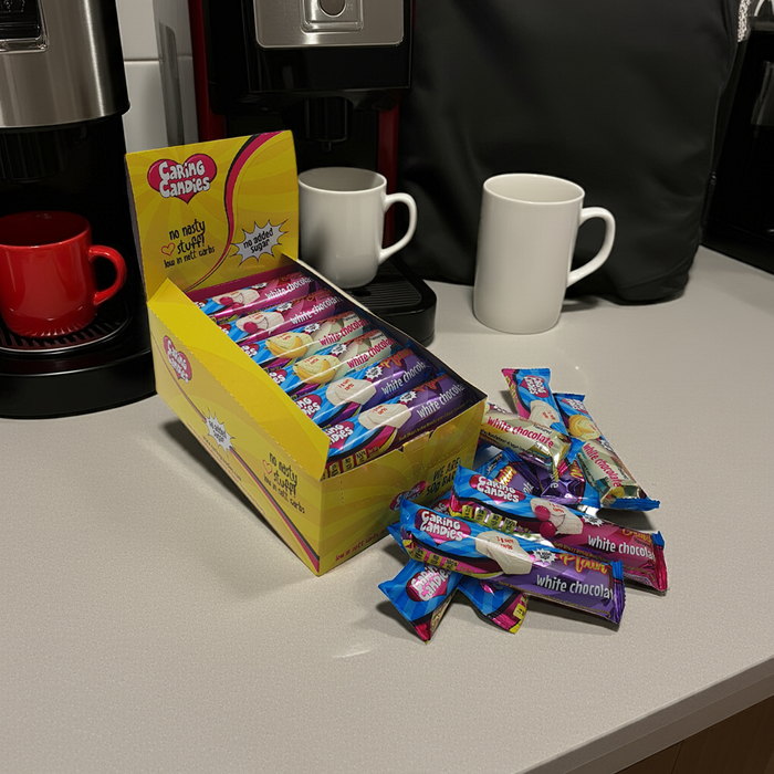 A retail display box of 30x50g caring candies sugar-free assorted white chocolate bars on a counter