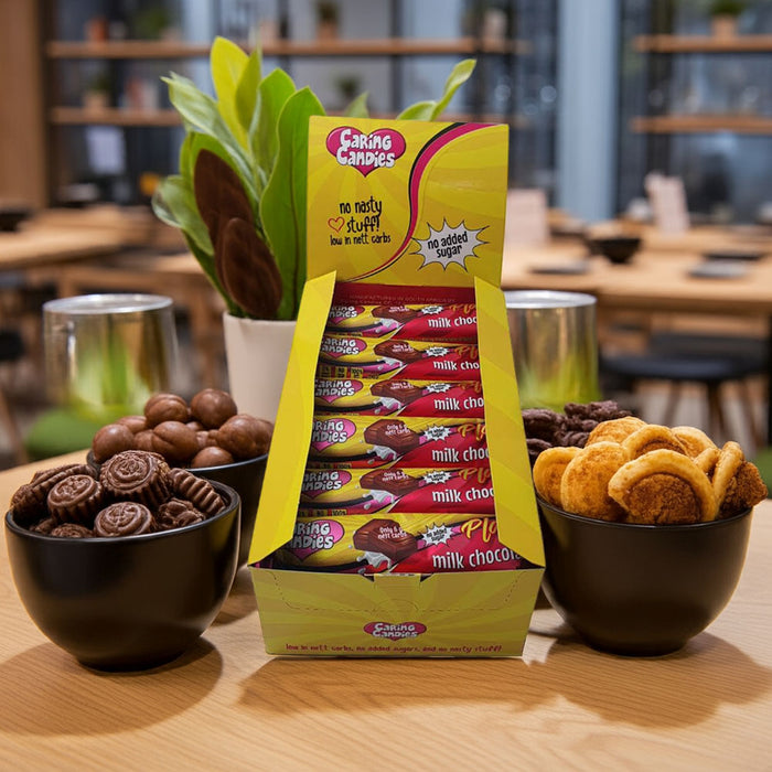 A retail display box of 30 50g caring candies sugar-free premium milk chocolate bars