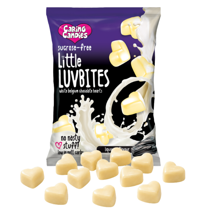 Packaging of Caring Candies No Added Sugar Little LUVBITES Liquorice flavoured white Belgian chocolate hearts on a transparent background