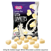 Packaging of Caring Candies No Added Sugar Little LUVBITES Liquorice flavoured white Belgian chocolate hearts on a transparent background