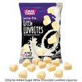 Packaging of Caring Candies No Added Sugar Little LUVBITES Liquorice flavoured white Belgian chocolate hearts on a transparent background