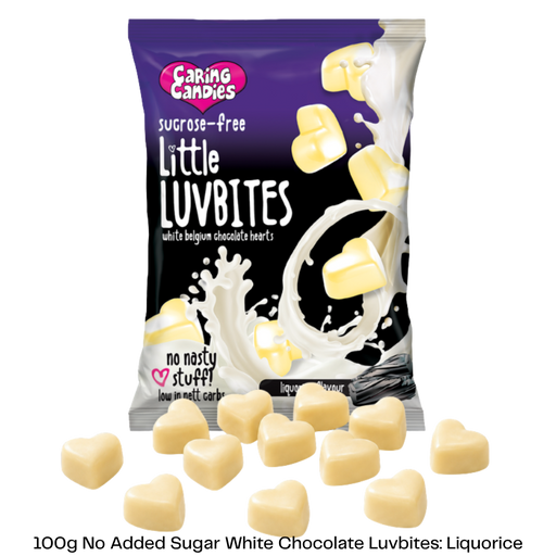 Packaging of Caring Candies No Added Sugar Little LUVBITES Liquorice flavoured white Belgian chocolate hearts on a transparent background