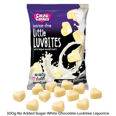 Caring Candies Little LuvBites No Added Sugar White Choc Hearts | LIQUORICE | 100g