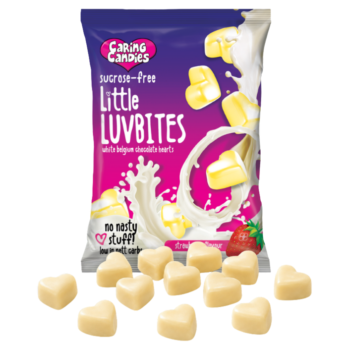 100g Packet of Caring Candies No Added Sugar Little LUVBITES premium white chocolate hearts in a strawberry flavour on a transparent background