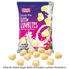 100g Packet of Caring Candies No Added Sugar Little LUVBITES premium white chocolate hearts in a strawberry flavour on a transparent background