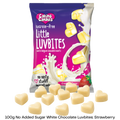 100g Packet of Caring Candies No Added Sugar Little LUVBITES premium white chocolate hearts in a strawberry flavour on a transparent background
