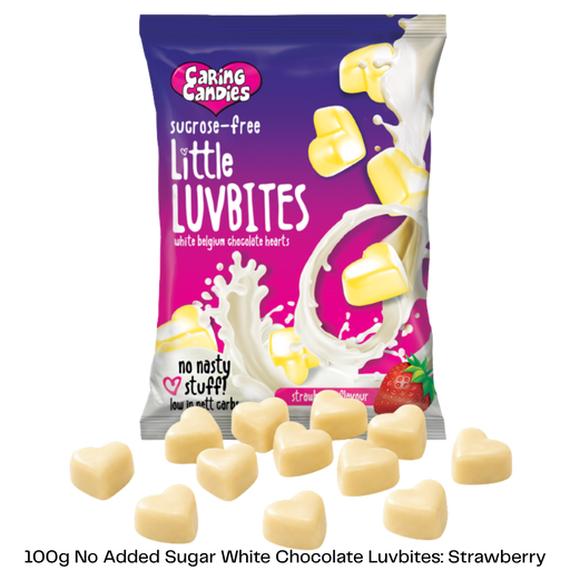 100g Packet of Caring Candies No Added Sugar Little LUVBITES premium white chocolate hearts in a strawberry flavour on a transparent background