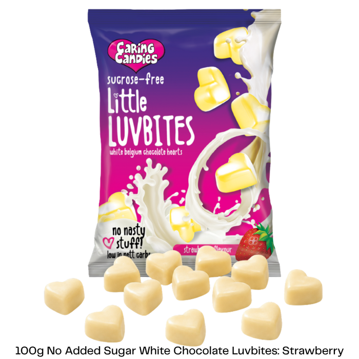 100g Packet of Caring Candies No Added Sugar Little LUVBITES premium white chocolate hearts in a strawberry flavour on a transparent background