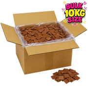 Open cardboard box filled with sugarfree chocolate pieces and a smaller pile of chocolate pieces on a white background.
