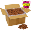 Open cardboard box filled with sugarfree chocolate pieces and a smaller pile of chocolate pieces on a white background.