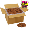 Open cardboard box filled with sugarfree chocolate pieces and a smaller pile of chocolate pieces on a white background.