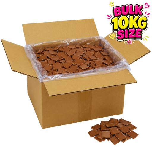 Open cardboard box filled with sugarfree chocolate pieces and a smaller pile of chocolate pieces on a white background.