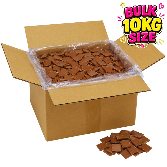 Open cardboard box filled with sugarfree chocolate pieces and a smaller pile of chocolate pieces on a white background.