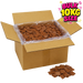 Open cardboard box filled with sugarfree chocolate pieces and a smaller pile of chocolate pieces on a white background.
