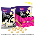 bulk pack of 12x100g no added sugar premium white chocolate luvbites with a liquorice flavour