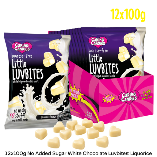 bulk pack of 12x100g no added sugar premium white chocolate luvbites with a liquorice flavour