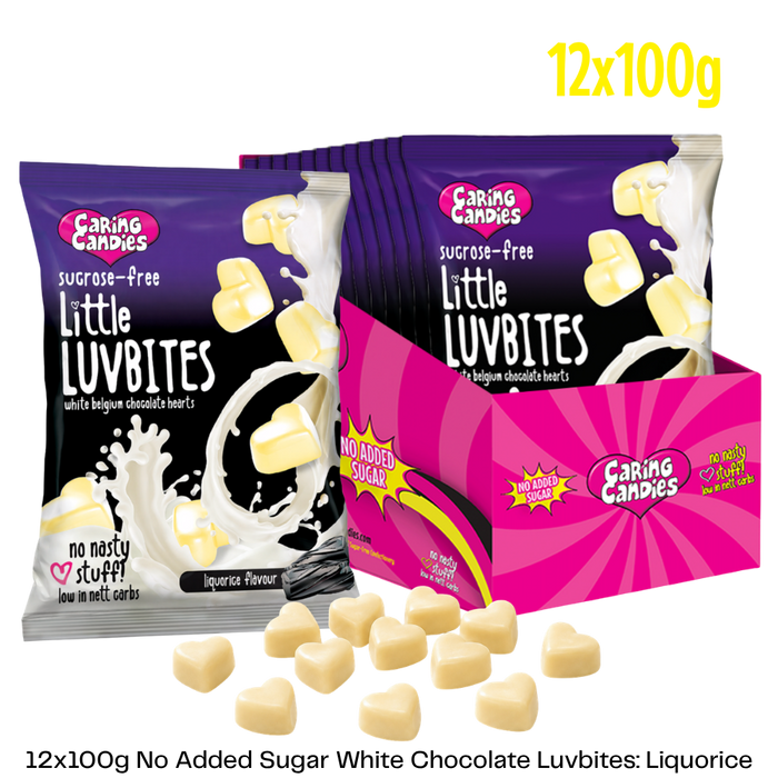 bulk pack of 12x100g no added sugar premium white chocolate luvbites with a liquorice flavour