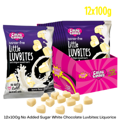 Caring Candies Little LuvBites No Added Sugar White Choc Hearts | LIQUORICE | 12x100g Shipper