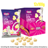 bulk pack of 12x100g no added sugar premium white chocolate luvbites with a strawberry flavour