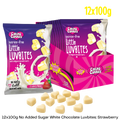 bulk pack of 12x100g no added sugar premium white chocolate luvbites with a strawberry flavour