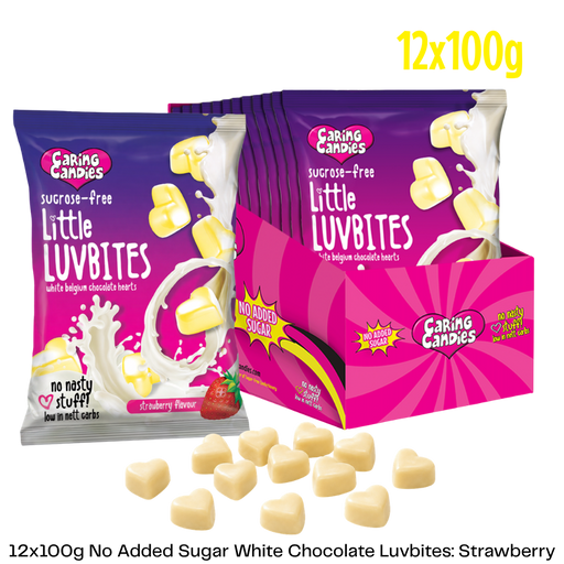 bulk pack of 12x100g no added sugar premium white chocolate luvbites with a strawberry flavour
