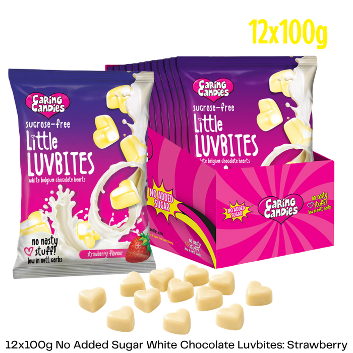 bulk pack of 12x100g no added sugar premium white chocolate luvbites with a strawberry flavour
