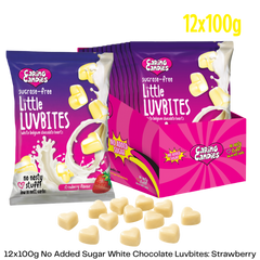 Caring Candies Little LuvBites No Added Sugar White Choc Hearts | STRAWBERRY | 12x100g Shipper