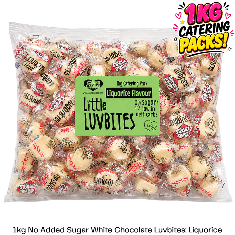 1kg catering pack of caring candies sugar free little luvbites white chocolate hearts in a liquorice flavour