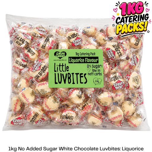 1kg catering pack of caring candies sugar free little luvbites white chocolate hearts in a liquorice flavour