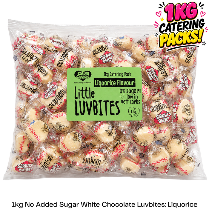 1kg catering pack of caring candies sugar free little luvbites white chocolate hearts in a liquorice flavour