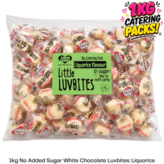 Caring Candies Little LuvBites No Added Sugar White Choc Hearts | LIQUORICE | 1kg Catering Pack