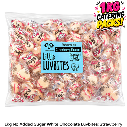 Bulk 1kg catering pack of caring candies sugarfree little luvbites white chocolate hearts strawberry flavoured