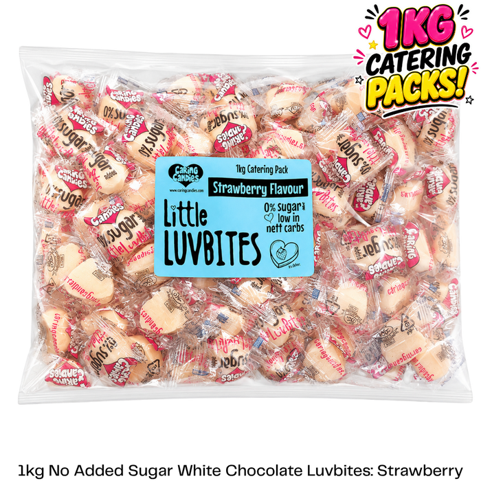 Bulk 1kg catering pack of caring candies sugarfree little luvbites white chocolate hearts strawberry flavoured
