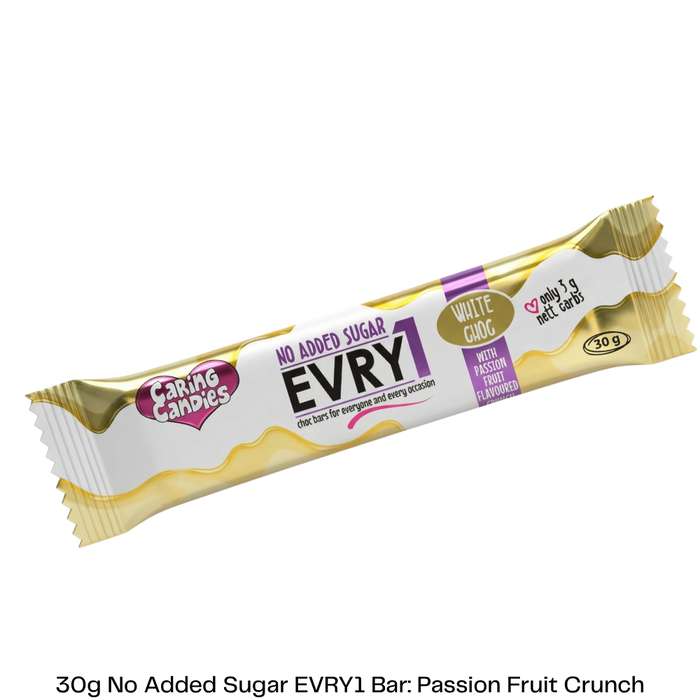Caring Candies No Added Sugar EVRY1 White chocolate with passion fruit flavoured crunch bar