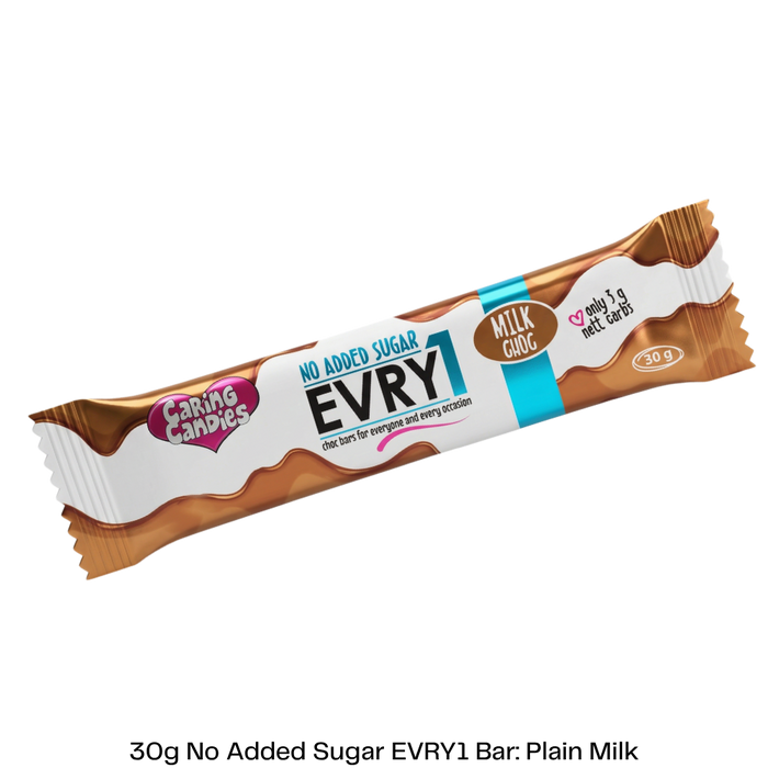 EVRY milk chocolate bar with no added sugar on a white background
