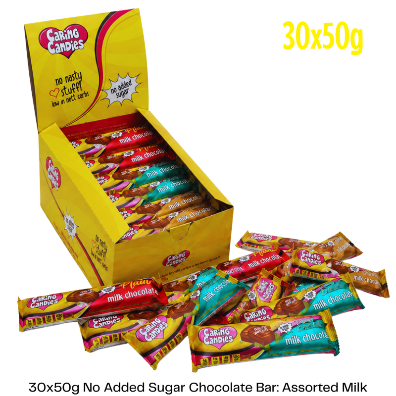 Box of Caring Candies with assorted milk chocolate bars on a white background