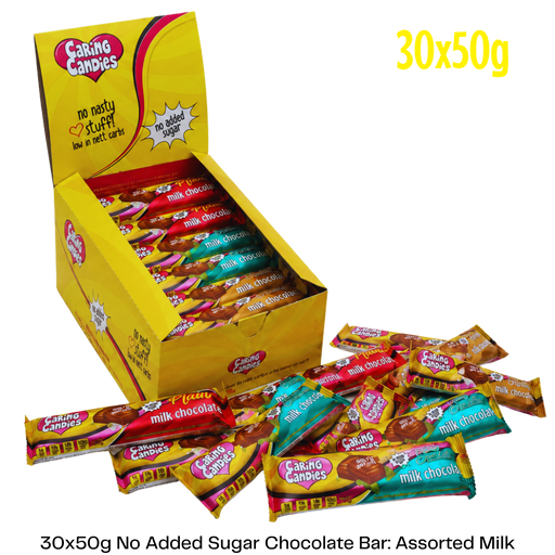 Box of Caring Candies with assorted milk chocolate bars on a white background