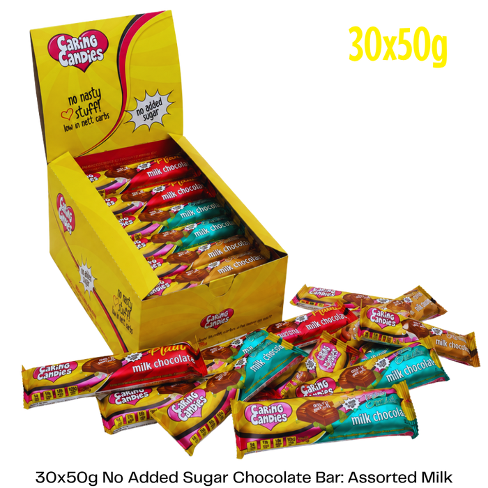 Box of Caring Candies with assorted milk chocolate bars on a white background