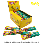 Box of Caring Candies milk chocolate bars with mint crunch, featuring a yellow box and colorful packaging.