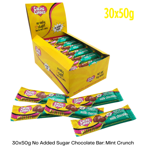 Box of Caring Candies milk chocolate bars with mint crunch, featuring a yellow box and colorful packaging.