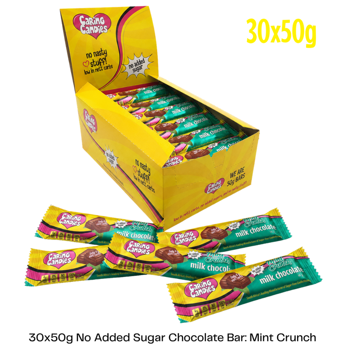 Box of Caring Candies milk chocolate bars with mint crunch, featuring a yellow box and colorful packaging.