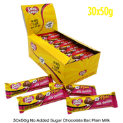 Box of Caring Candies milk chocolate bars, featuring a yellow box and colorful packaging.