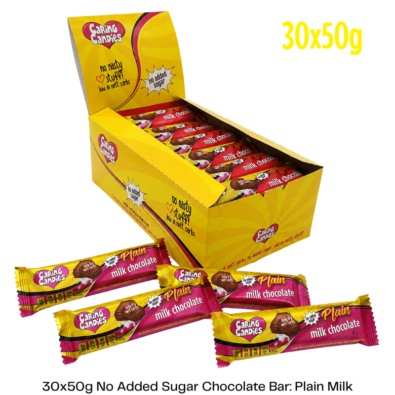 Box of Caring Candies milk chocolate bars, featuring a yellow box and colorful packaging.