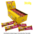 Box of Caring Candies milk chocolate bars, featuring a yellow box and colorful packaging.