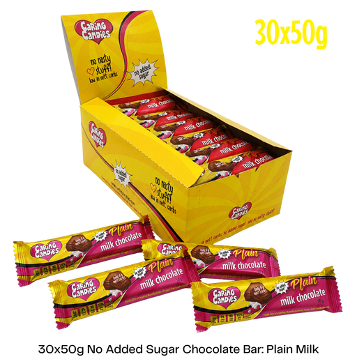 Box of Caring Candies milk chocolate bars, featuring a yellow box and colorful packaging.