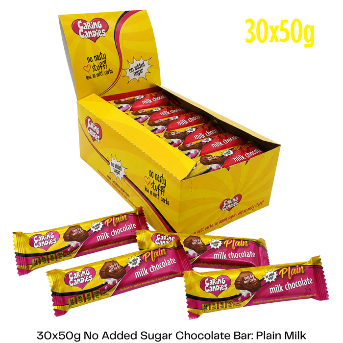 Box of Caring Candies milk chocolate bars, featuring a yellow box and colorful packaging.