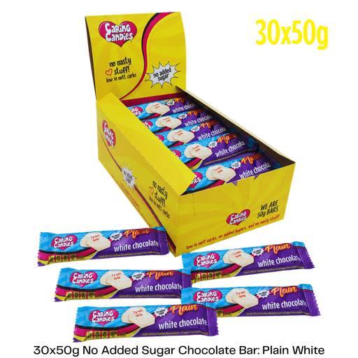 Box of Caring Candies white chocolate bars with packaging details on a white background