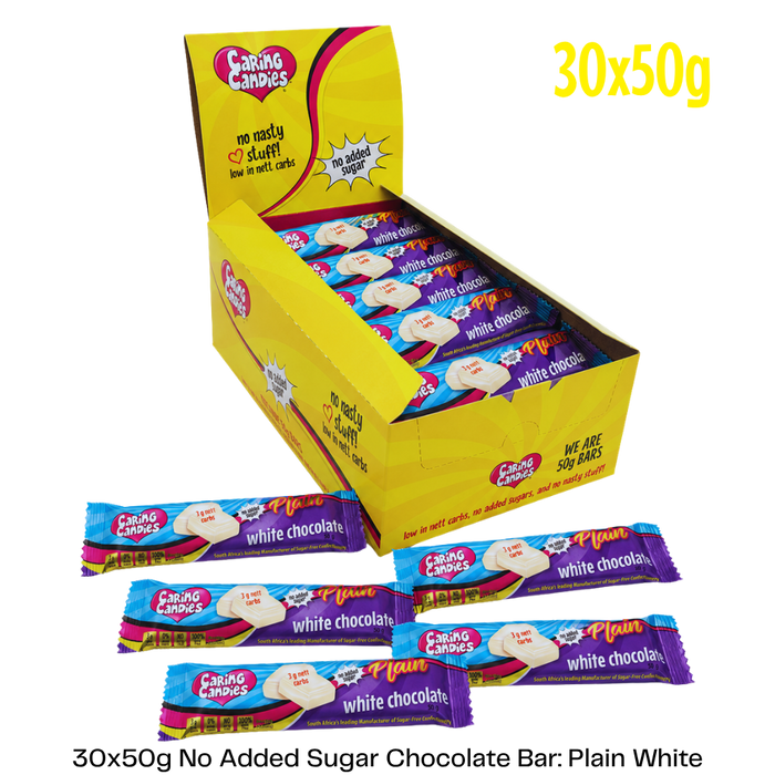 Box of Caring Candies white chocolate bars with packaging details on a white background