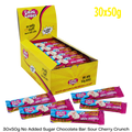 box of 50g Sugarfree White chocolate with sour cherry flavoured candy crunch by caring candies
